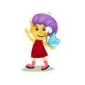 Cute smiling happy girl troll with purple hair and yellow skin, funny fairy tale character vector Illustrations on a