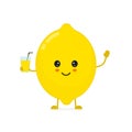 Cute smiling happy lemon with a glass Royalty Free Stock Photo