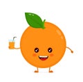 Cute smiling happy orange with juice glass.