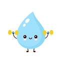 Cute smiling happy water drop with dumbbels
