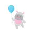 Cute smiling hippo with a blue balloon, lovely behemoth animal cartoon character vector Illustration Royalty Free Stock Photo