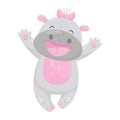 Cute smiling hippo with a pink bow having fun, lovely behemoth animal cartoon character vector Illustration Royalty Free Stock Photo