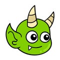 Cute smiling horned green devil, doodle icon image kawaii