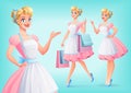 Cute smiling housewife in apron in different poses. Vector set. Royalty Free Stock Photo