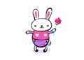 Cute smiling kawaii easter bunny keep the flower. Happy easter greeting background. Vector illustration in hand drawing