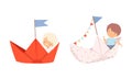 Cute Smiling Kid Sailing on Paper Boat with Flag and Garland Vector Set Royalty Free Stock Photo