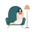 Cute smiling lady sitting in comfy armchair and reading fiction book. Adorable young woman spending weekend at home