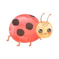 Cute smiling ladybug isolated on white. Funny insect for children. Watercolor cartoon illustration Royalty Free Stock Photo