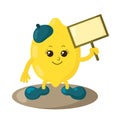 Cute smiling lemon with beret and shoes holding placard. Royalty Free Stock Photo