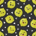 Cute smiling lime fruits, vector seamless pattern on dark background