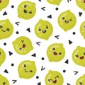 Cute smiling lime fruits, vector seamless pattern on white background