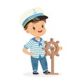 Cute smiling little boy character wearing a sailors costume holding steering wheel colorful vector Illustration Royalty Free Stock Photo