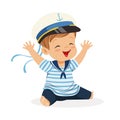 Cute smiling little boy character wearing a sailors costume sitting on the floor colorful vector Illustration Royalty Free Stock Photo