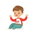 Cute smiling little boy dressed in jeans and sweatshirt colorful cartoon character vector Illustration Royalty Free Stock Photo
