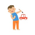 Cute smiling little boy painting a red car on a white wall. Colorful character vector Illustration