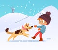 Cute smiling little boy playing with the dog at the neighborhood in winter. Boy and his friend dog running through the Royalty Free Stock Photo