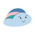 Cute smiling little cloud with rainbow crest. Kawaii blue happy cloudlet. Simple design for any purposes. Happy birthday, party,