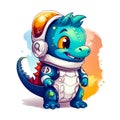 Cute smiling little dragon in astronaut\'s spacesuit on white background. Inquisitive fearless researcher.