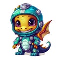 Cute smiling little dragon in astronaut\'s spacesuit on white background. Inquisitive fearless researcher.