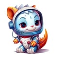 Cute smiling little dragon in astronaut\'s spacesuit on white background. Inquisitive fearless researcher.