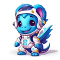 Cute smiling little dragon in astronaut\'s spacesuit on white background. Inquisitive fearless researcher.