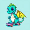 Cute smiling little dragon rides skateboard on blue background. Concept healthy lifestyle. Symbol of upcoming New Year