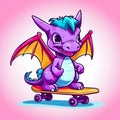 Cute smiling little dragon rides skateboard on pink background. Concept healthy lifestyle. Symbol of upcoming New Year