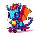 Cute smiling little dragon rides skateboard on white background. Concept healthy lifestyle. Symbol of upcoming New Year