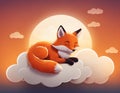 Cute smiling little fox on cloud in warm sunset