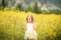 Cute smiling little girl with flower wreath on the meadow at the farm. Portrait of adorable small kid outdoors Royalty Free Stock Photo