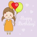 Cute smiling little girl holding balloons. Shappy Birthday greeting card design template Royalty Free Stock Photo