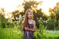 Cute smiling little girl on the meadow at the farm. Portrait of adorable small kid outdoor Royalty Free Stock Photo