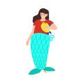 Cute smiling little girl standing in a fancy mermaid costume. Vector illustration in cartoon style.