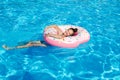 Cute smiling little girl in swimming pool with rubber ring Royalty Free Stock Photo