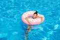 Cute smiling little girl in swimming pool with rubber ring Royalty Free Stock Photo