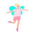 Cute smiling little girl with wings dancing in a pink t-shirt. Vector illustration in cartoon style. Royalty Free Stock Photo