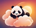 Cute smiling little panda on cloud in warm sunset
