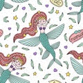 Cute smiling mermaid. Girly pattern for kids clothes. Seamless ornament. Vector illustration