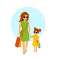 Cute smiling mother and daughter, woman and girl walking holding hands shopping together Royalty Free Stock Photo