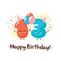 Cute numbers thirteen with balloons in festive hat Royalty Free Stock Photo