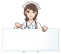 A Cute smiling nurse pointing to a blank board