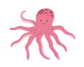 Cute smiling octopus isolated on white background. Funny underwater pink animal with eight tentacles. Childish character