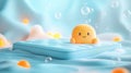 Cute smiling orange blob floating on blue inflatable with bubbles in pastel aquatic scene Royalty Free Stock Photo