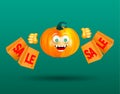 Cute smiling orange pampkin with scary decor of spider on cobweb holding shopping bags with bloody red text sale on dark green bac