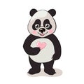 Cute smiling panda holds the heart in hand