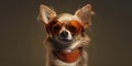 cute smiling Papillon dog in red sunglasses with funny expression on its face. Generative AI Royalty Free Stock Photo