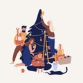 Cute smiling people decorating Christmas tree with baubles and garlands. Happy family or group of friends preparing for