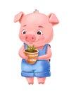 Cute smiling piglet boy with potted plant. Hand drawn illustration