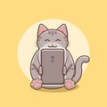 Cute smiling plump gray cat eats sausages on a yellow background