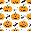 Cute smiling pumpkin character with boo lettering and cross. Halloween seamless pattern. Isolated on white background